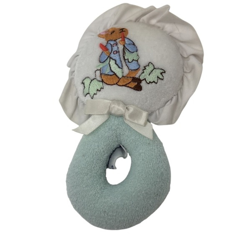 Vintage Eden Toys Peter Rabbit Plush Ring Rattle Beatrix Potter Blue White 6"